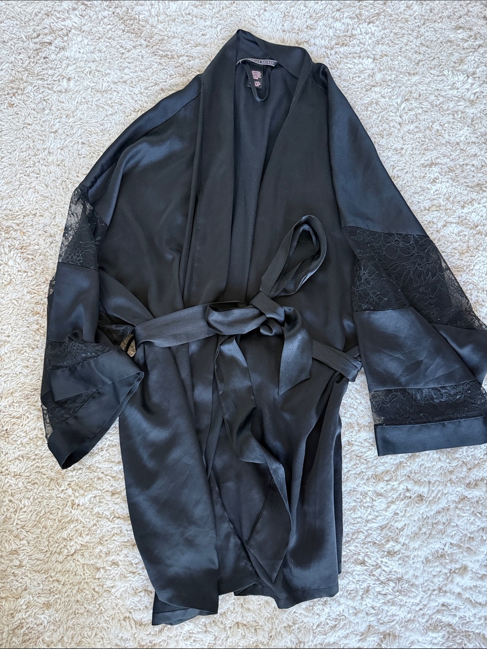 Beautiful Black Satin Lace-Trim Robe